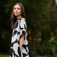 Load image into Gallery viewer, Black Silky Block Print Long Dress - Sunset