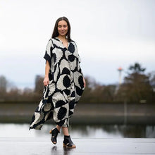 Load image into Gallery viewer, Black Silky Block Print Long Dress - Sunset