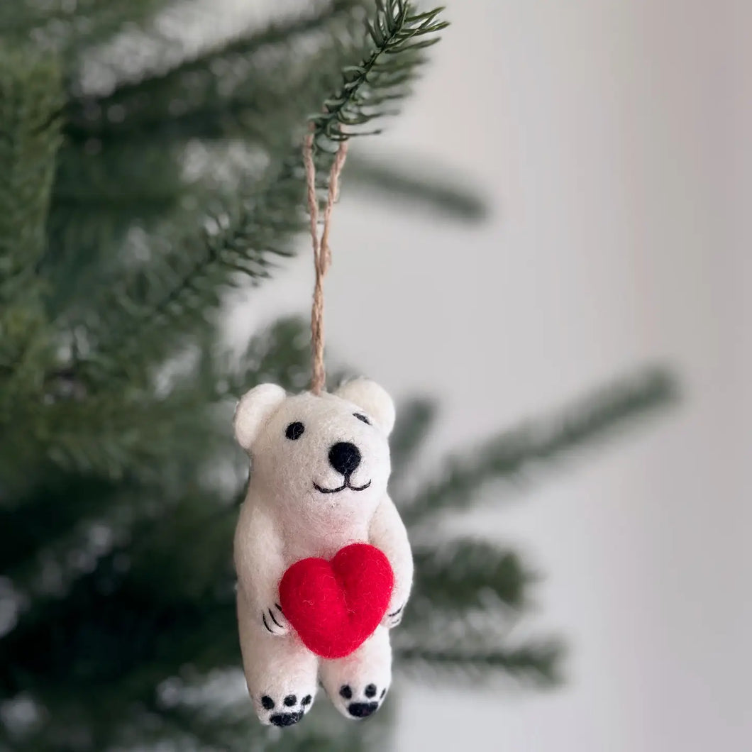 Mini Polar Bear Holding Heart Ornament