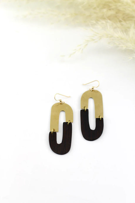 Brass & Wood Oval Earrings