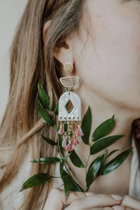 Pearl & Rainbow Leaf Chain Tassel Earrings