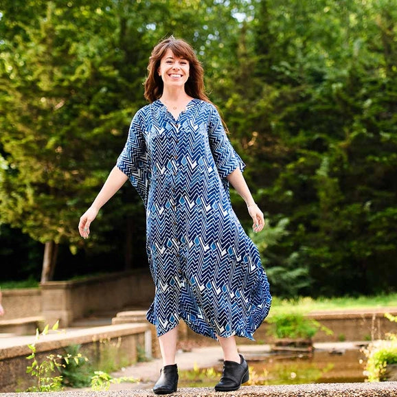 Block Print Blue Chevron Button Dress
