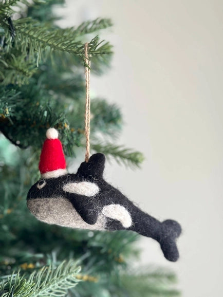 Orca with Christmas Hat Ornament