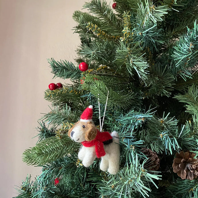 Jack Russell Dog with Christmas Hat Ornament
