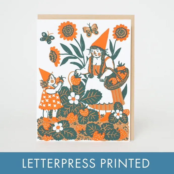 Strawberry Picking Gnome Card