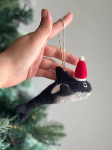 Orca with Christmas Hat Ornament