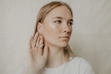 Load image into Gallery viewer, Engraved White + Gold Opal Earrings