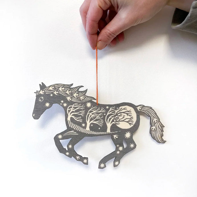 Screen Printed Wooden Decoration - Silver Grey Horse