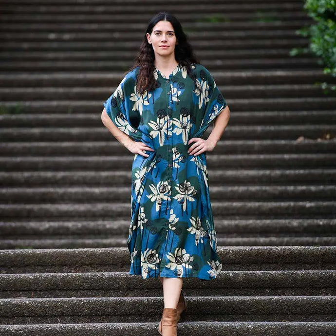 Indigo Silky Block Print Long Dress - White Lotus