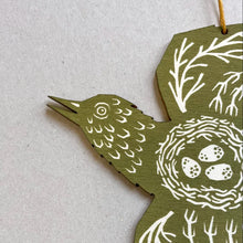 Load image into Gallery viewer, Screen Printed Wooden Decoration - Olive Green Woodland Bird