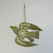 Load image into Gallery viewer, Screen Printed Wooden Decoration - Olive Green Woodland Bird
