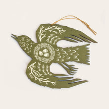 Load image into Gallery viewer, Screen Printed Wooden Decoration - Olive Green Woodland Bird