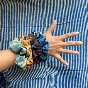 Cotton Silk Hand Dyed and Block Printed Scrunchies - Set of 2