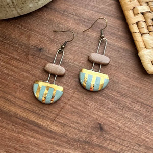 Two Piece Blue Striped and Natural Clay Earrings