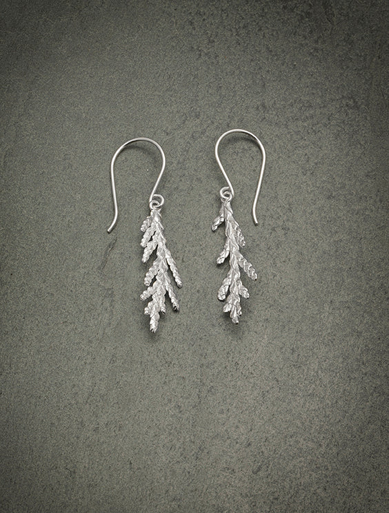 Winter Cedar Branch Earrings - Silver