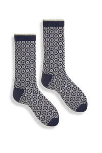 Lisa B, Crew Socks, Woman's, Merino, Cashmere, Made in the USA, Sustainable, Ethically Produced, Bright Navy, Blue, Medallion